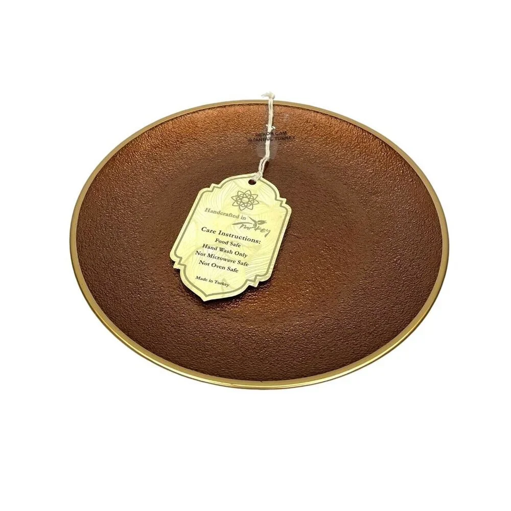 Turkish Glass 4 Salad Dessert Plates Set Brown Bronze Texture Gold Rim 8.25